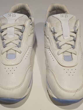 SAS White Leather Comfort Sneakers with Light Blue Accents